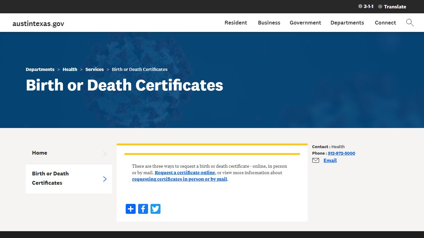 Birth or Death Certificates | AustinTexas.gov